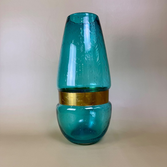 Dara International -- Italian Handblown Blue Glass Vase w/ Brass Band -- 13" - Picture 2 of 15